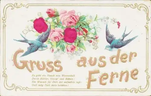Stoff Präge Ak Gruß aus der Ferne, Schwalben, Rosen