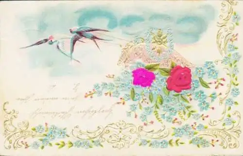 Stoff Präge Litho Schwalben, Rosen, Vergissmeinnicht, Kitsch