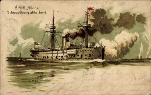 Relief Künstler Litho Siehl, Deutsches Kriegsschiff, SMS Mars, Kreuzerkorvette, Schießübung