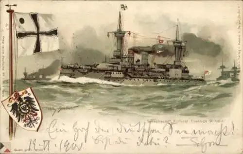 Künstler Ak Stöwer, Willy, Deutsches Kriegsschiff, SMS Kurfürst Friedrich Wilhelm, Schlachtschiff