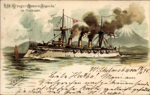 Künstler Litho Siehl, Deutsches Kriegsschiff, SMS Kaiserin Augusta, Kreuzer, in Ostasien