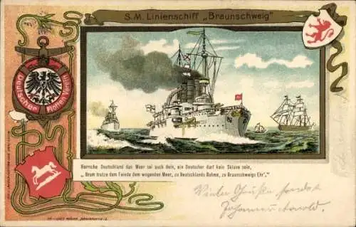 Passepartout Litho Deutsches Kriegsschiff, SMS Braunschweig, Linienschiff, Kaiserliche Marine
