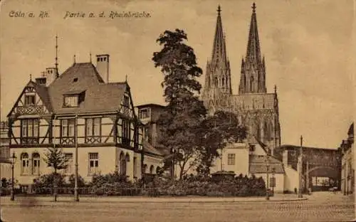 Ak Köln am Rhein, Rheinbrücke, Dom, Straßenpartie