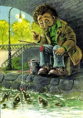 Künstler Ak Vermenschlichter Igel, Igelmann, Landstreicher beim Angeln