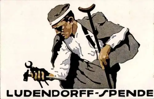 Ak Ludendorff Spende für Kriegsbeschädigte, Veteran mit Werkzeugen