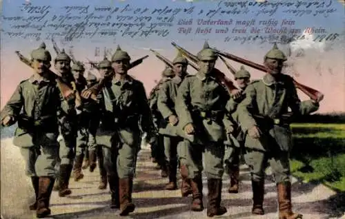 Ak Lieb Vaterland magst ruhig sein, Wacht am Rhein, marschierende Soldaten