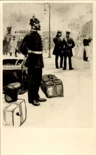 Künstler Ak Deutscher Soldat in Uniform mit Reisegepäck