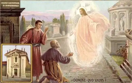 Künstler Ak Postel kniet vor Jesus, Wohin gehst du?