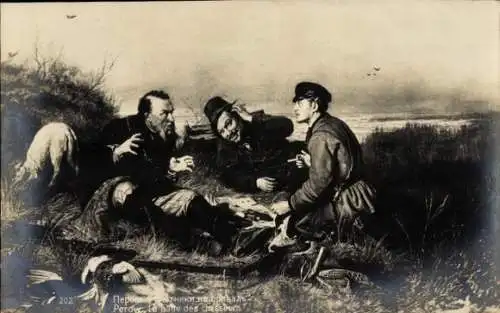 Künstler Ak Perow, W. G., Jäger bei der Rast