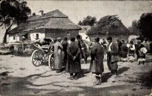 Künstler Ak Dorf, Dorfbewohner, Bauern, Wohnhäuser