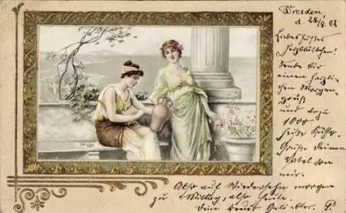 Passepartout Litho Zwei Frauen, Wasserkrug, Blumen, Säule
