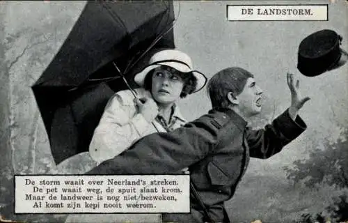 Ak Niederländischer Soldat in Uniform, Frau, Stürmisches Wetter, Landsturm