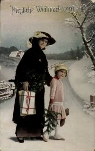 Ak Glückwunsch Weihnachten, Frau mit Kind, Geschenke, Tannenzweige