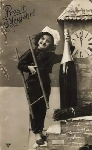 Ak Glückwunsch Neujahr, Schornsteinfeger, Uhr, Sektflasche