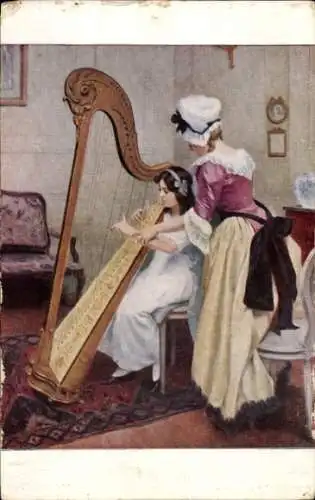 Künstler Ak Philippar-Quinet, J., The Harp Lesson