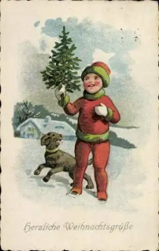 Ak Glückwunsch Weihnachten, Kind, Tannenbaum, Hund