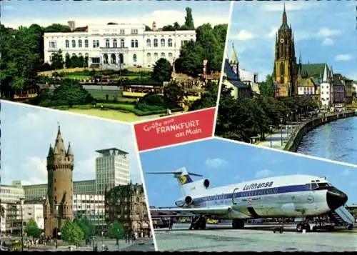 Ak Frankfurt Main, Passagierflugzeug Lufthansa, Flughafen, Gesellschaftshaus, Dom, Eschenheimer Turm