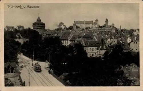 Ak Nürnberg in Mittelfranken, vom Hallertor aus, Gesamtansicht, Straßenbahn