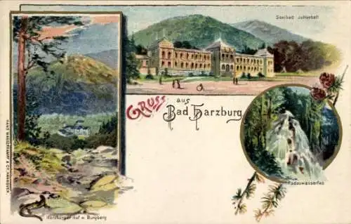 Litho Bad Harzburg im Harz, Harzburger Hof, Burgberg, Juliushall, Radauwasserfall