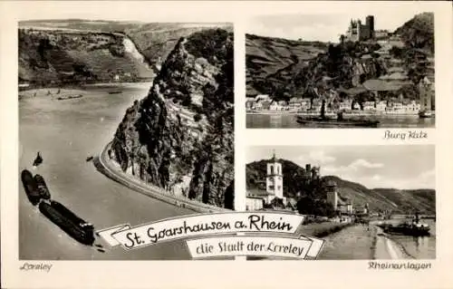 Ak Sankt Goarshausen am Rhein, Teilansicht, Burg Katz, Rheinanlagen, Loreley
