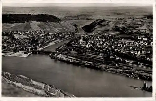 Ak Bingen Rhein, Vogelschau auf den Ort, Fluss