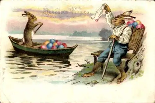 Ak Glückwunsch Ostern, Hase mit Rückentrage, Ostereier, Ruderboot
