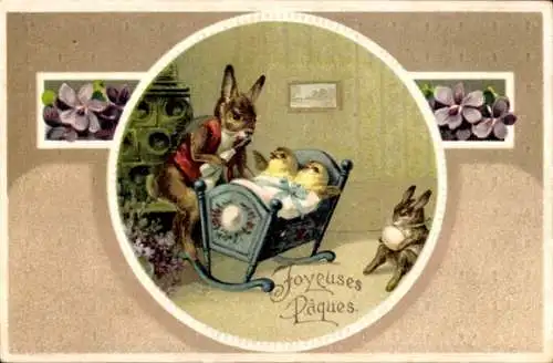 Präge Ak Glückwunsch Ostern, Vermenschlichte Hasen, Küken in Babybett
