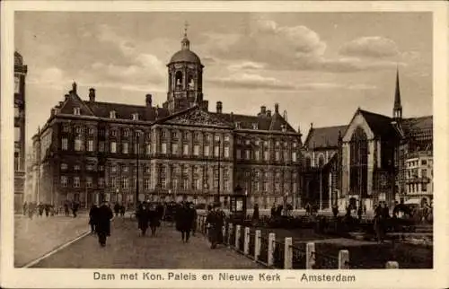 AK Amsterdam Nordholland Niederlande, Staudamm mit Königinnenpalast und neuer Kirche