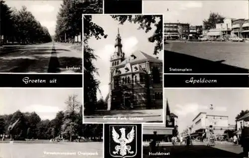 Ak Apeldoorn-Gelderland, Loolaan, Groote Kerk, Stationsplein, Hoofdstraat