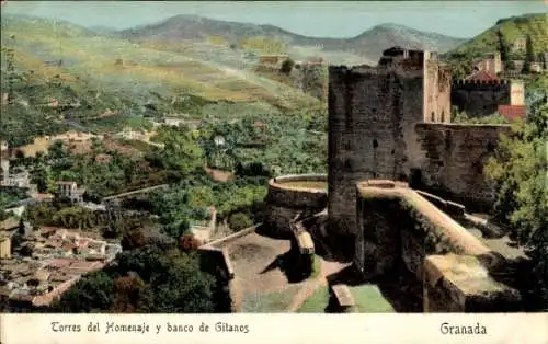 Ak Granada Andalusien Spanien, Torres del Homenja und Gitanos Bank