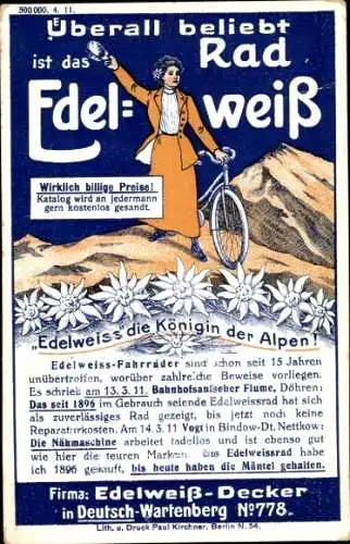 Ak Reklame, Edelweiß Fahrräder, Firma Edelweiß-Decker, Deutsch-Wartenberg