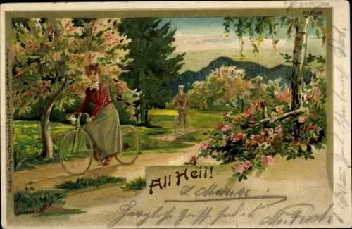 Litho Frau auf einem Fahrrad