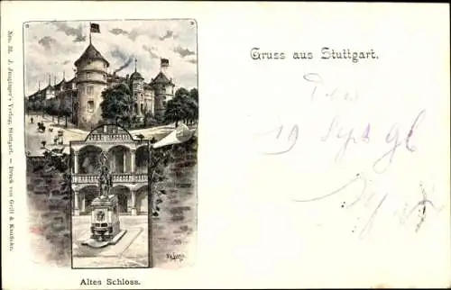 Künstler Ak Stuttgart, Ansicht des alten Schlosses mit Denkmal