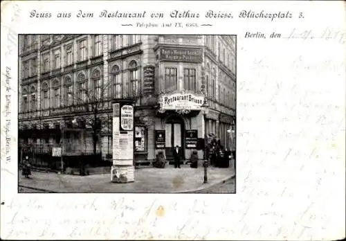 Ak Berlin Kreuzberg, Restaurant Arthur Briese, Blücherplatz 3, Litfaßsäule