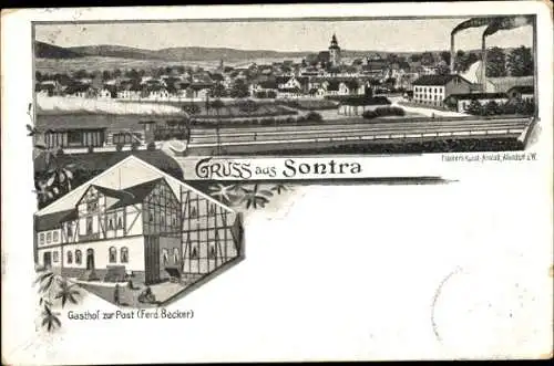 Litho Sontra in Hessen, Gasthof zur Post, Blick auf den Ort, Bahnschienen