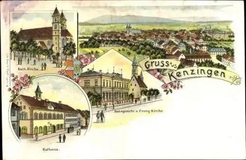 Litho Kenzingen im Breisgau Baden, Totale, Amtsgericht, Kirche, Rathaus