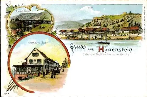 Litho Hauenstein Laufenburg am Rhein Baden, Gasthaus zum Adler, Eisenbahnbrücke, Totalansicht