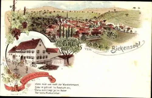 Litho Bickensohl Vogtsburg im Kaiserstuhl, Totalansicht, Gasthaus zum Rebstock