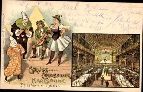 Litho Karlsruhe in Baden, Variete Theater Colosseum, Innenansicht, Harlekin