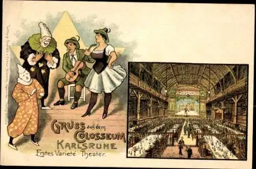 Litho Karlsruhe in Baden, Variete Theater Colosseum, Innenansicht, Harlekin
