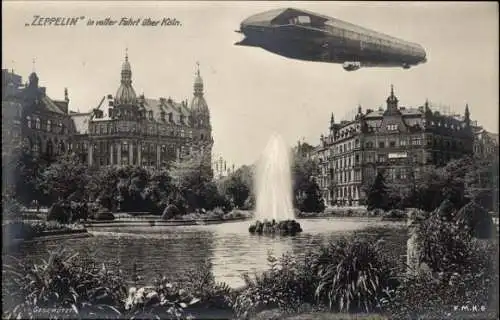 Ak Köln am Rhein, Luftschiff Zeppelin über der Stadt