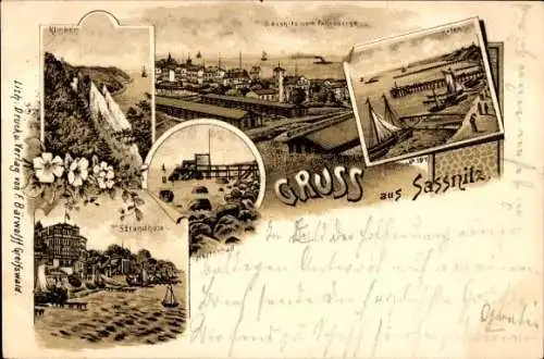 Vorläufer Litho Sassnitz auf Rügen, Hafen, Strandhotel, Klinken, Herrenbad, 1895