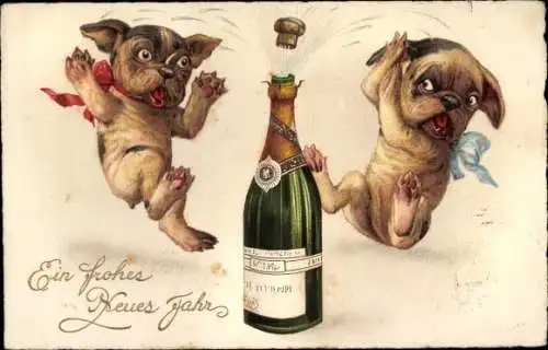 Ak Glückwunsch Neujahr, Zwei Hunde, Sektflasche