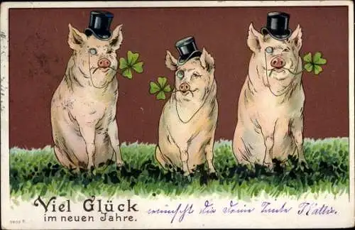 Ak Glückwunsch Neujahr, Schweinchen, Glücksklee, Monokel, Hut