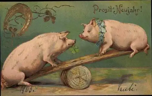 Ak Glückwunsch Neujahr, Schweinchen beim Wippen, Hufeisen, Glücksklee