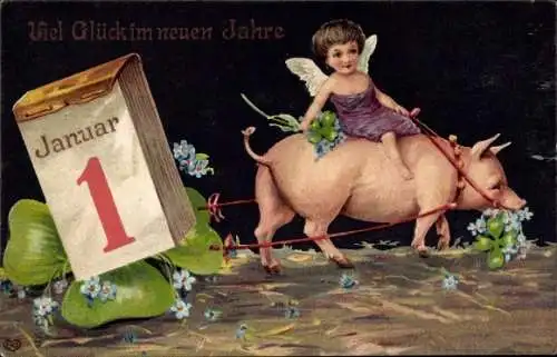 Präge Ak Glückwunsch Neujahr, Engel auf Schwein reitend, Glücksklee