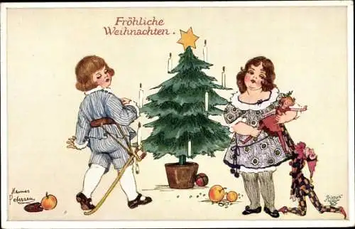 Künstler Ak Petersen, Hannes, Glückwunsch Weihnachten, Junge und Mädchen, Tannenbaum, Puppen