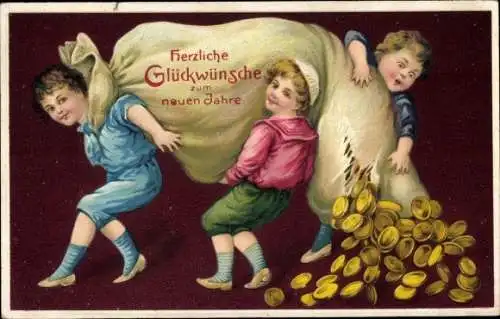 Ak Glückwunsch Neujahr, Kinder mit Geldsack, Goldene Münzen