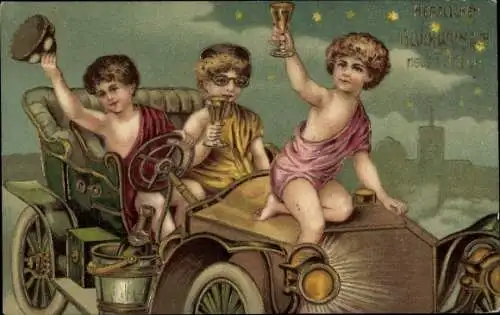 Präge Ak Glückwunsch Neujahr, Automobil, Jungen trinken Sekt