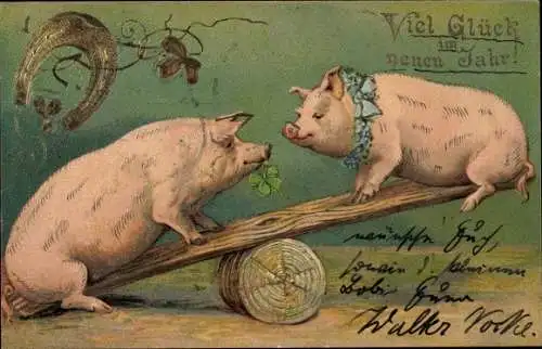 Präge Ak Glückwunsch Neujahr, Schweinchen beim Wippen, Hufeisen, Glücksklee
